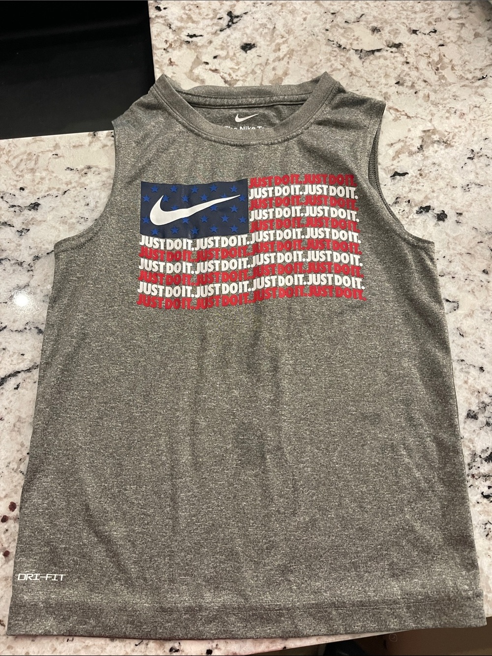 Nike Gray Sleeveless Tank with Red, White & Blue Flag Graphic